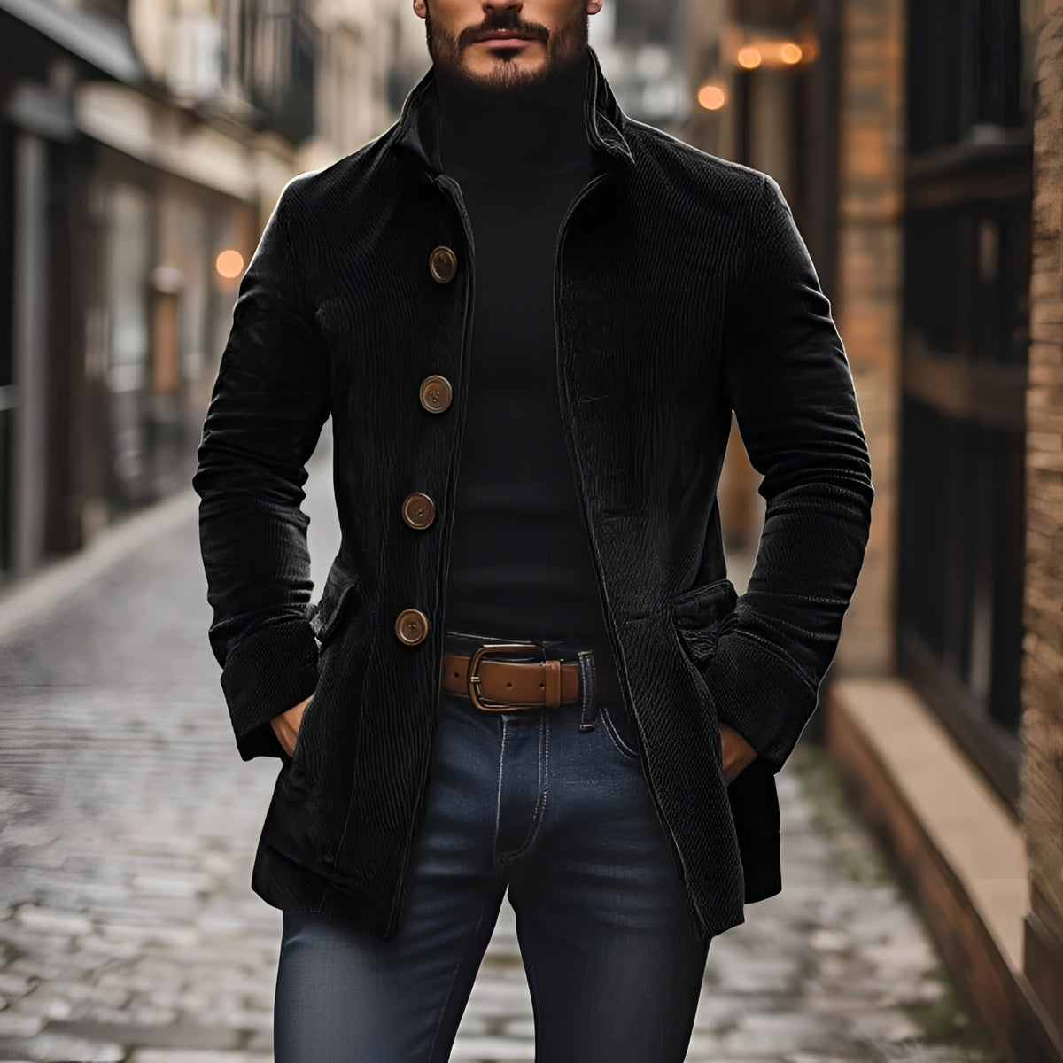 Fashion Jacket Peacoat Men Stand Collar with Button Closure - Slim Fit
