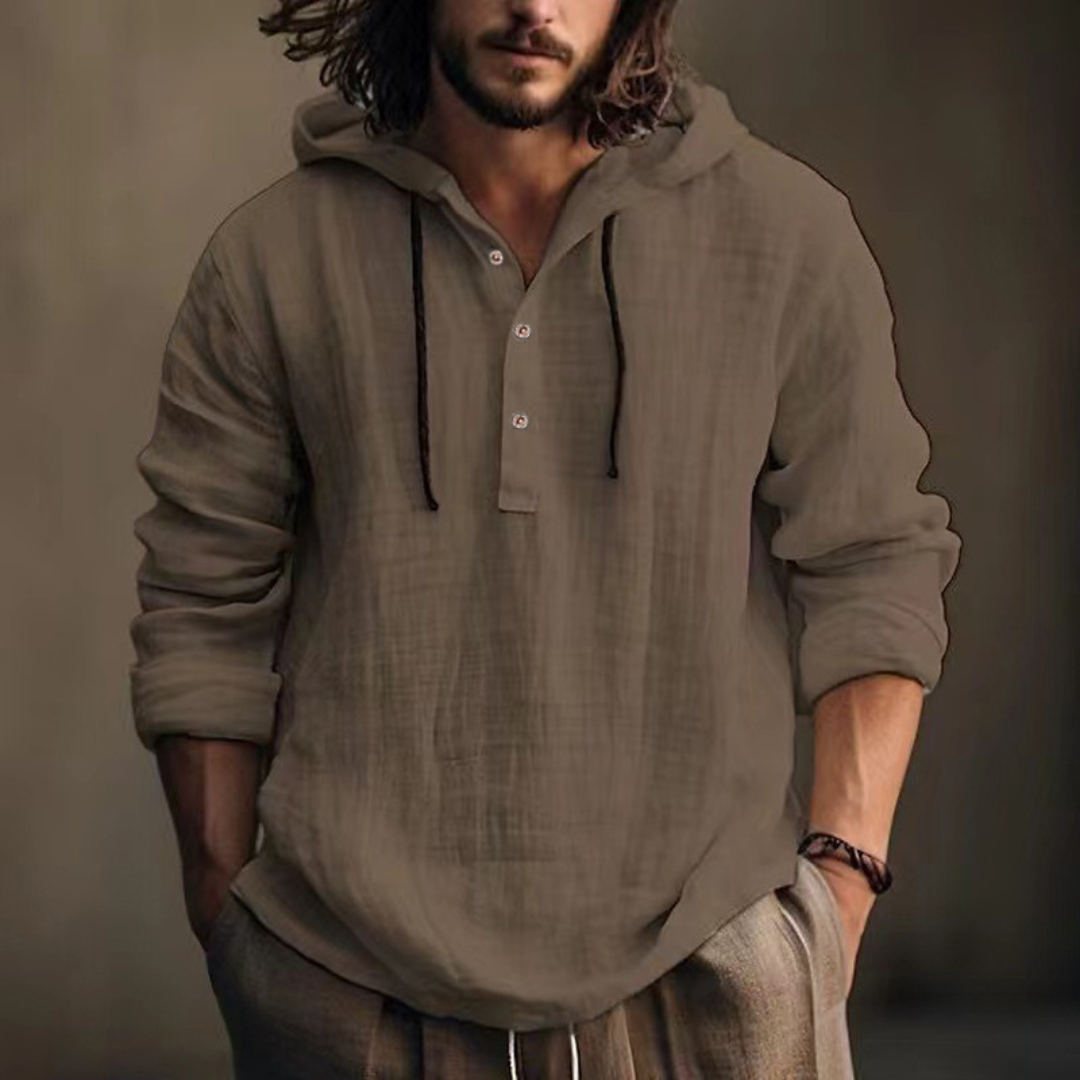 Hooded Henley Shirt for Men, Long Sleeve with Drawstring Hood and Half-Button Placket, Relaxed Fit