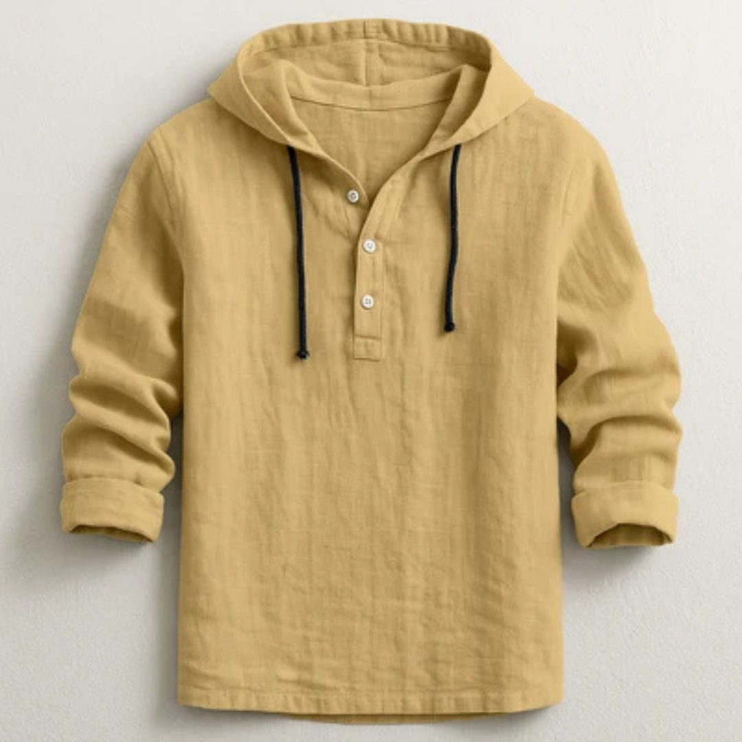 Hooded Henley Shirt for Men, Long Sleeve with Drawstring Hood and Half-Button Placket, Relaxed Fit
