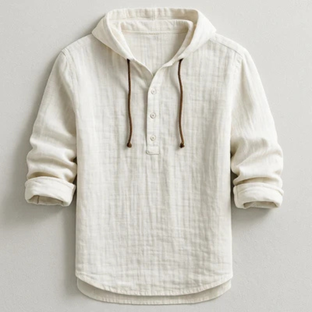 Hooded Henley Shirt for Men, Long Sleeve with Drawstring Hood and Half-Button Placket, Relaxed Fit