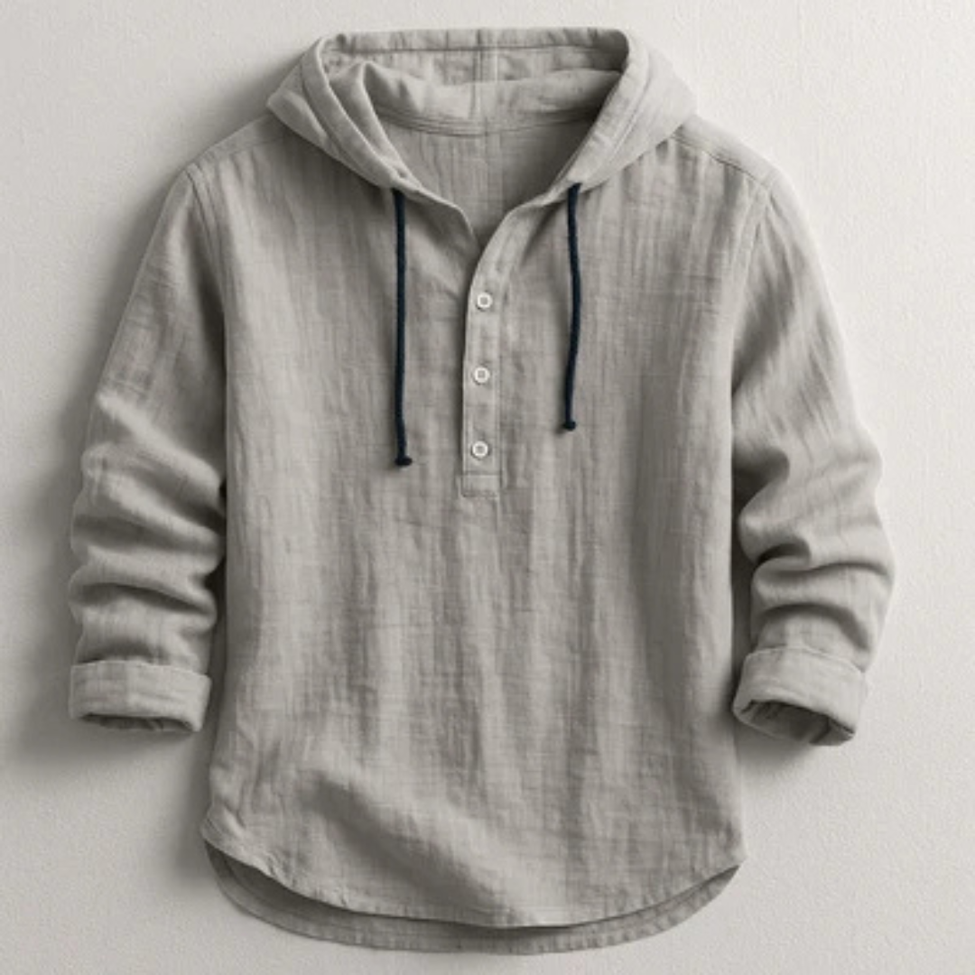 Hooded Henley Shirt for Men, Long Sleeve with Drawstring Hood and Half-Button Placket, Relaxed Fit