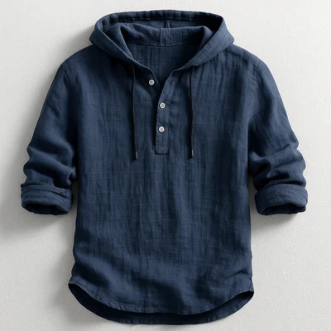 Hooded Henley Shirt for Men, Long Sleeve with Drawstring Hood and Half-Button Placket, Relaxed Fit