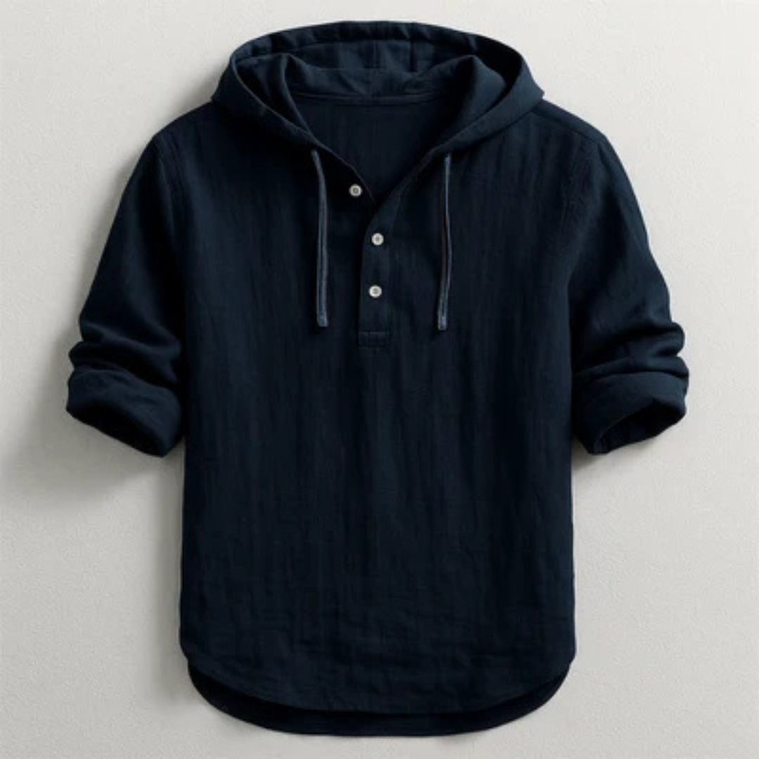 Hooded Henley Shirt for Men, Long Sleeve with Drawstring Hood and Half-Button Placket, Relaxed Fit