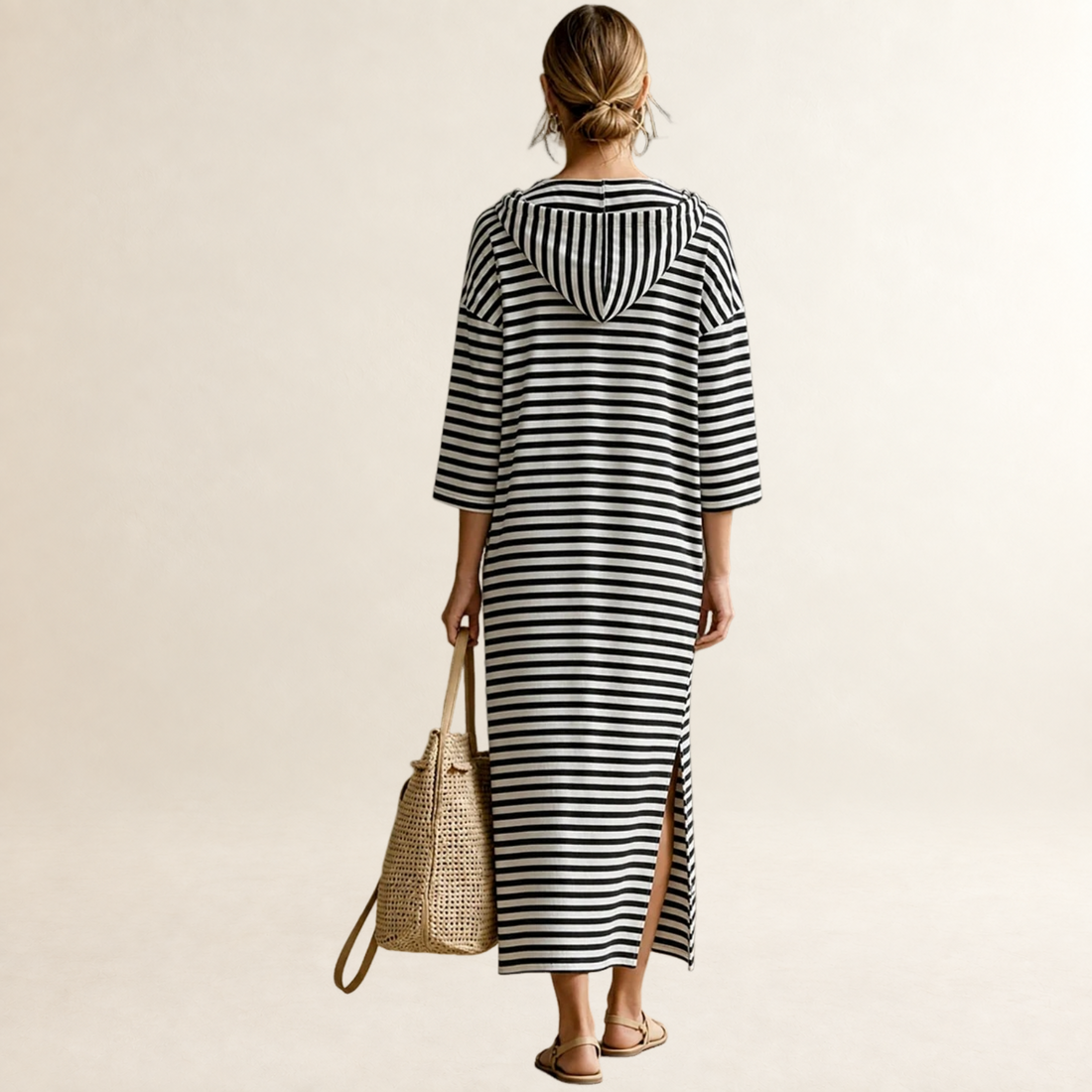 Hooded Midi Dress for Women Striped Design Half-Zip Regular Fit