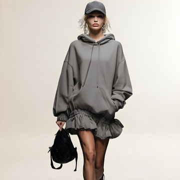 Hooded Mini Dress for Women Ruffled Hem Oversized Fit