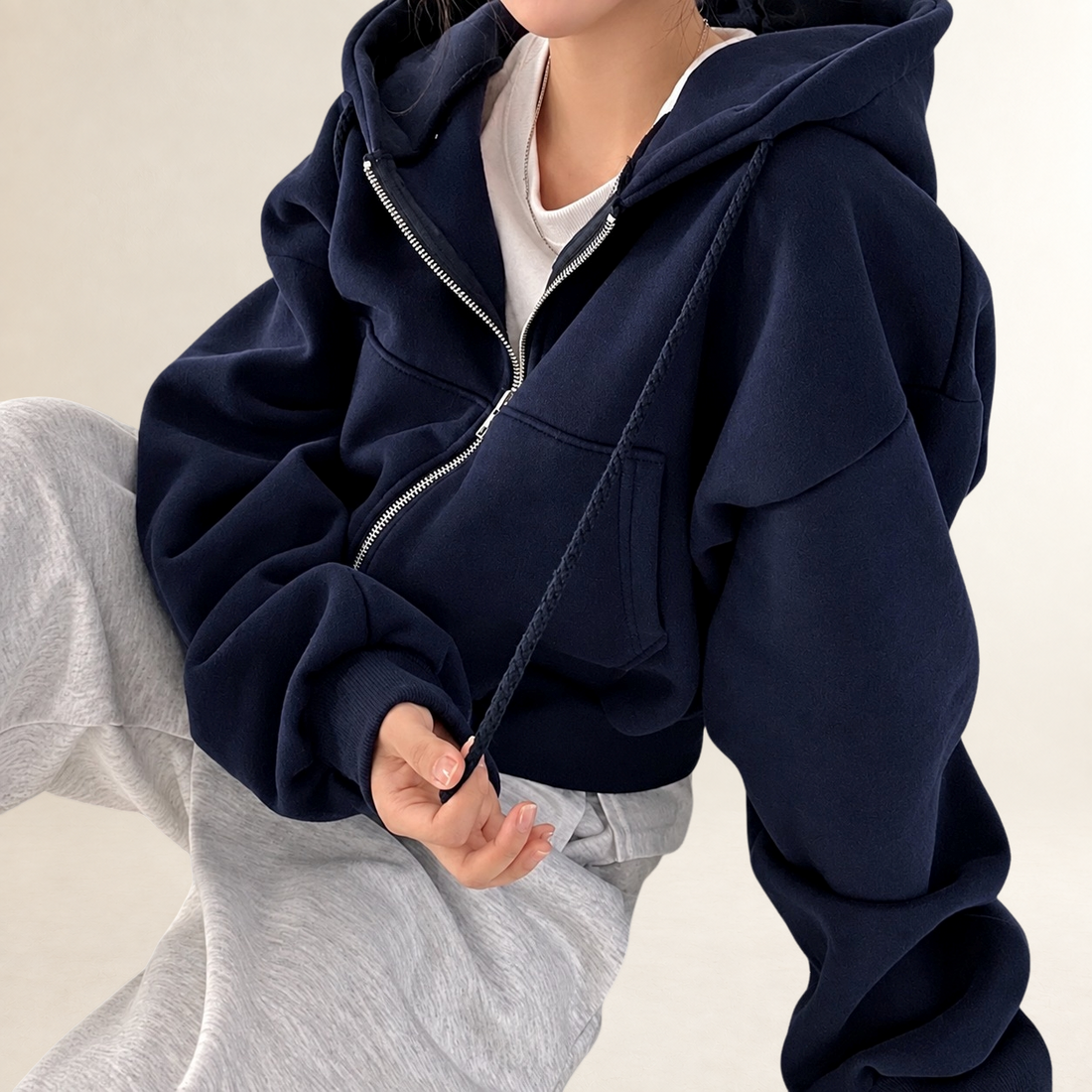 Hoodie Women Cropped Zip Front with Hood - Relaxed Fit