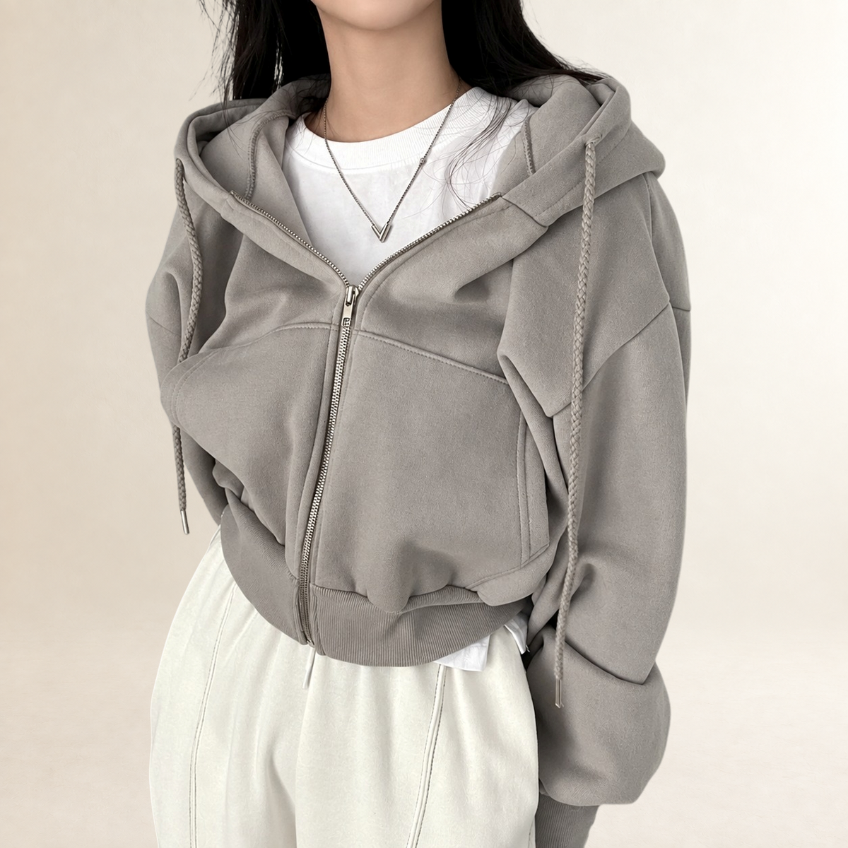 Hoodie Women Cropped Zip Front with Hood - Relaxed Fit