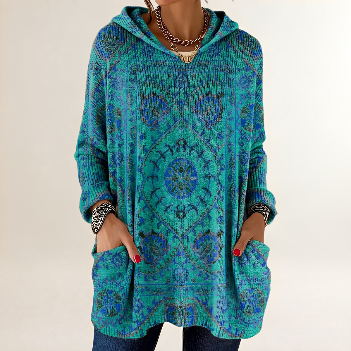Hoodie Women's Tunic-Length Relaxed Fit Long Sleeve with Pockets Retro Ethnic Print