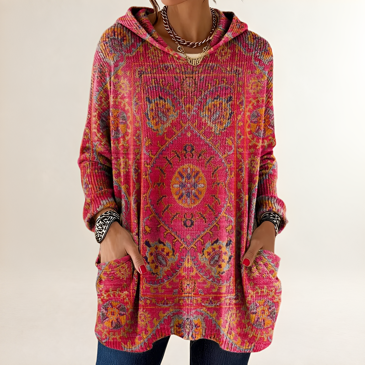 Hoodie Women's Tunic-Length Relaxed Fit Long Sleeve with Pockets Retro Ethnic Print