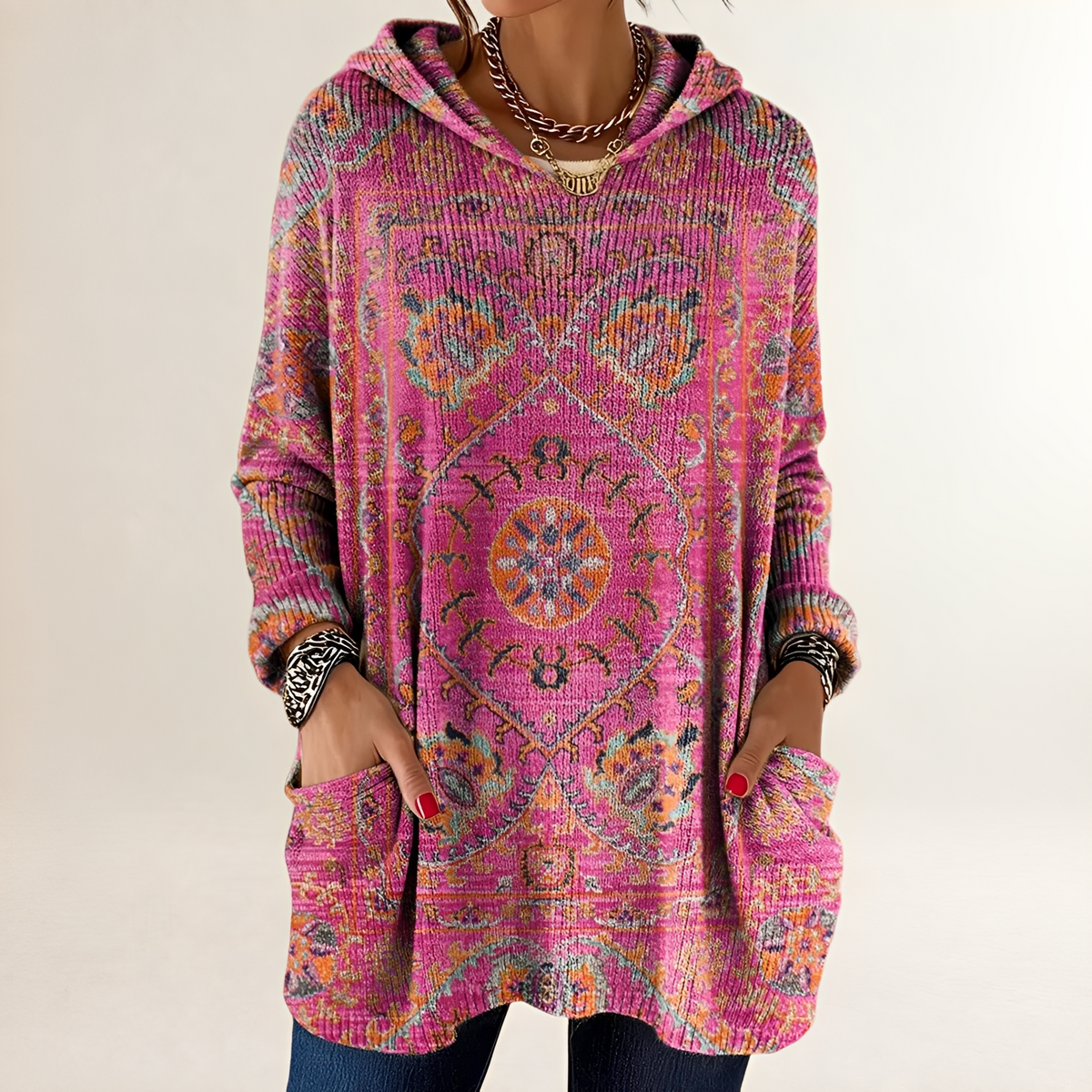 Hoodie Women's Tunic-Length Relaxed Fit Long Sleeve with Pockets Retro Ethnic Print