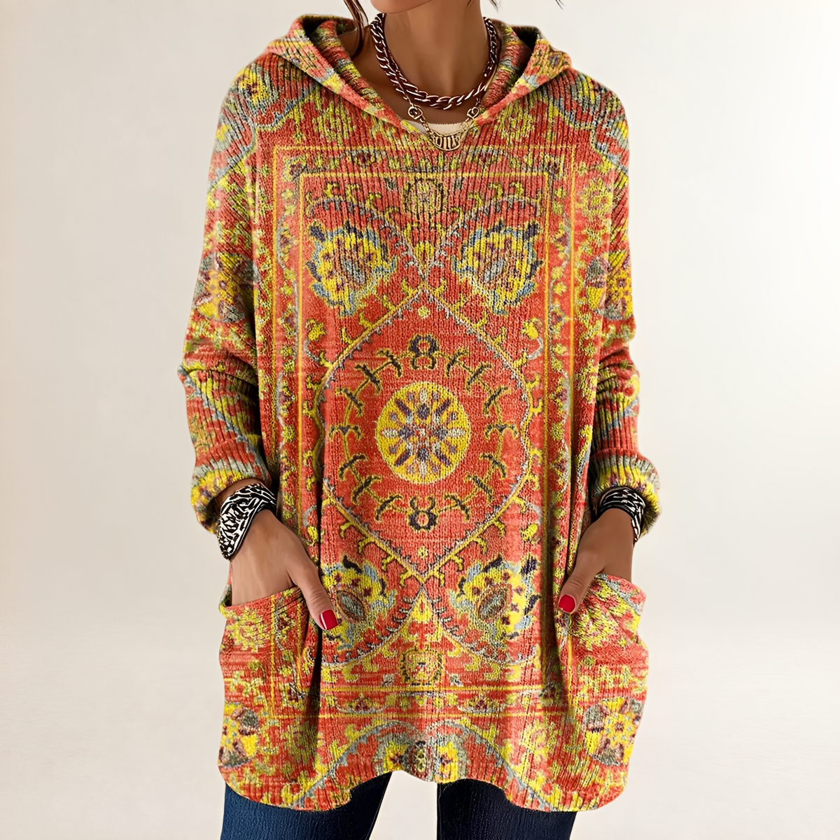 Hoodie Women's Tunic-Length Relaxed Fit Long Sleeve with Pockets Retro Ethnic Print