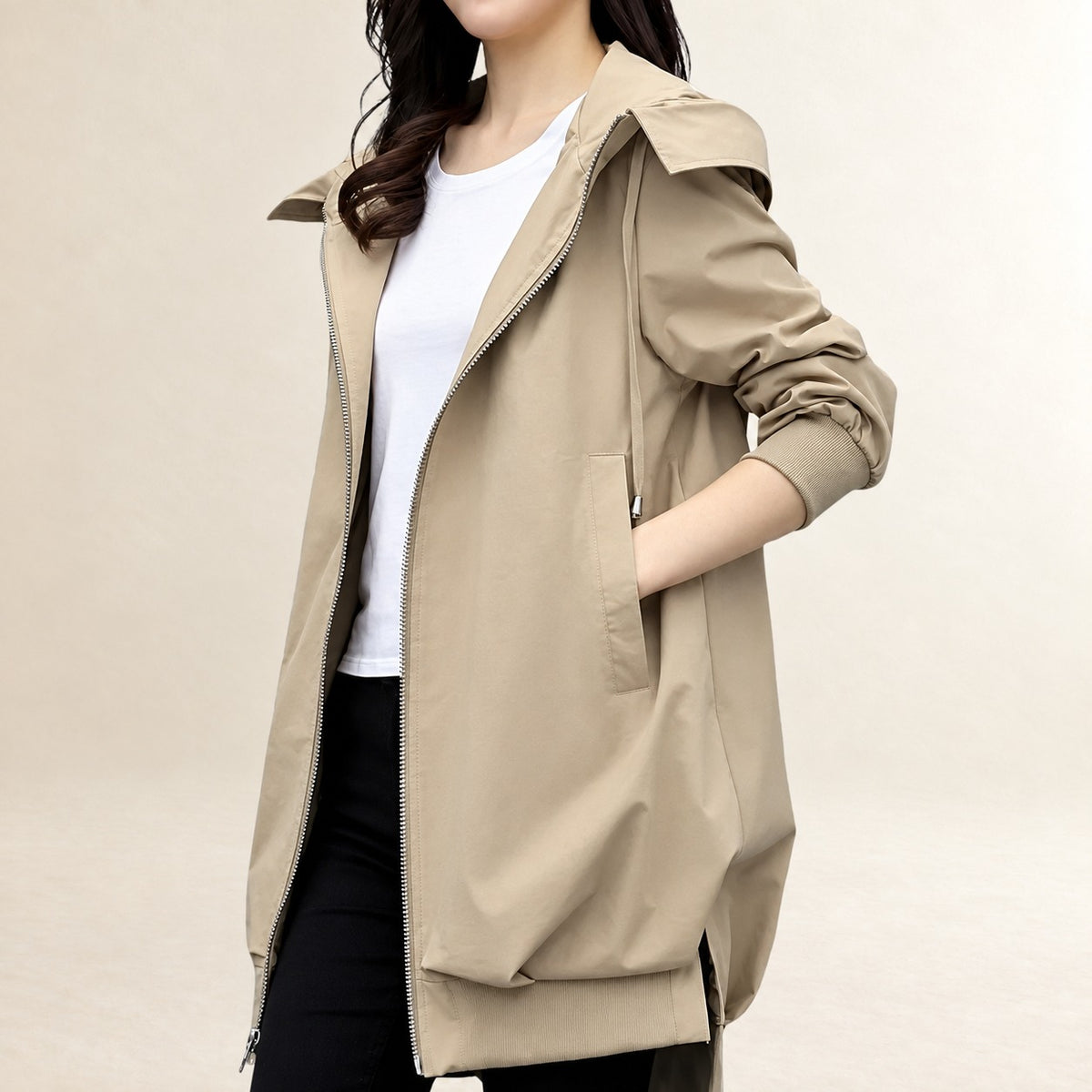 Jacket Women Hooded Zip Front Casual Outerwear - Modern Fit with Pockets