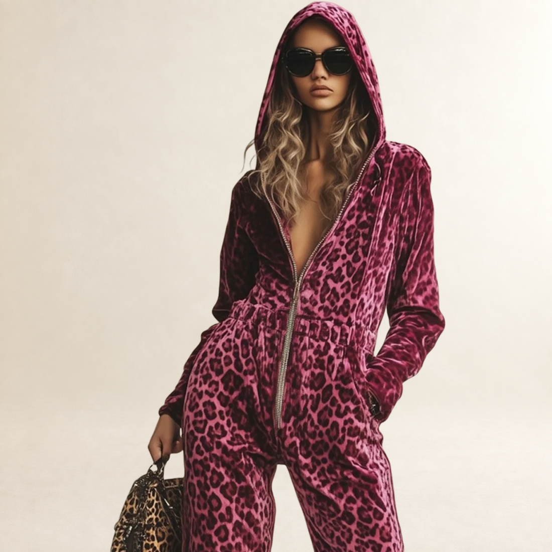 Jumpsuit Women Leopard Print Zipper Hooded Loose Fit