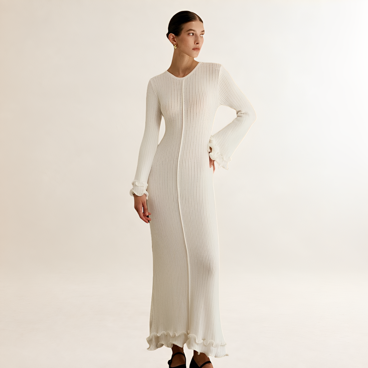 Long Sleeve Dress for Women Ruffle Hem Slim Fit Maxi Style