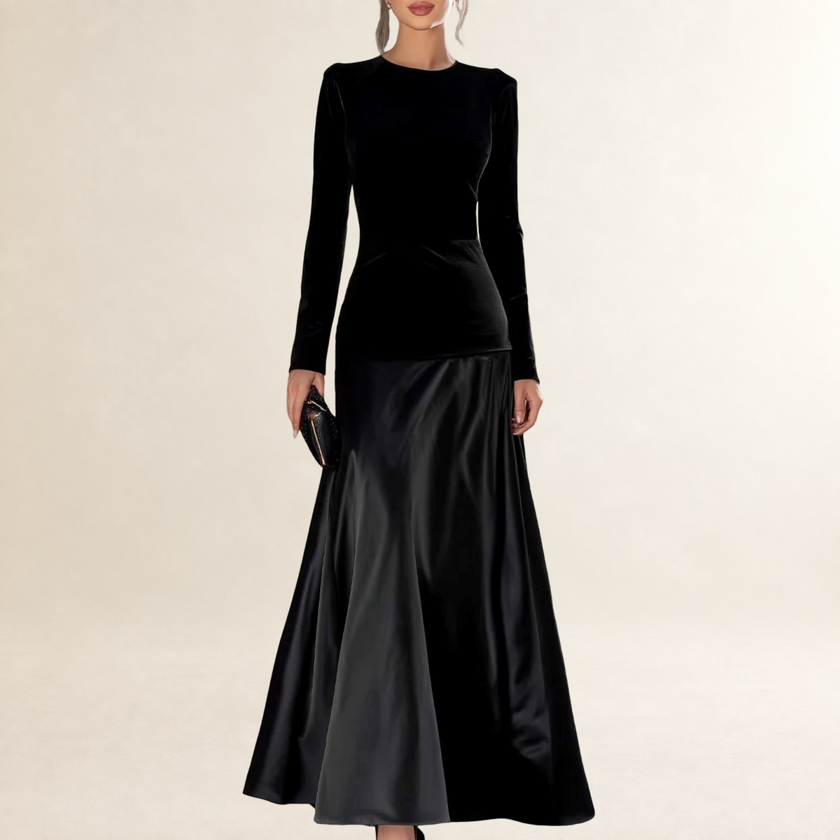 Long Sleeve Evening Gown for Women - A-Line Silhouette with Fitted Bodice