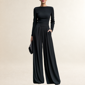 Long Sleeve Jumpsuit for Women with Boat Neckline and Wide-Leg Trousers - Tailored Fit