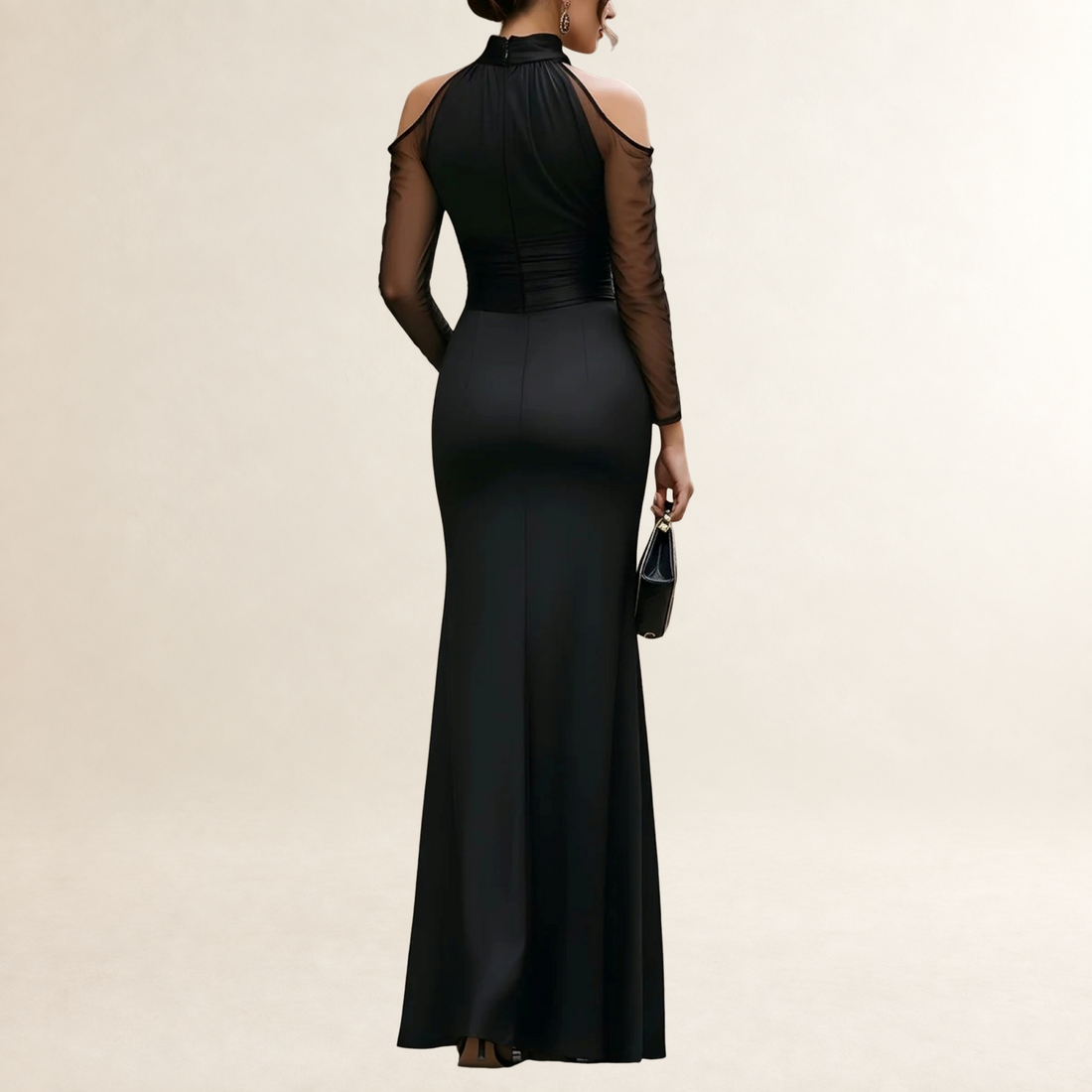 Long Sleeve Maxi Dress Women Off-Shoulder High Neck with Sheer Sleeves - Fitted Silhouette