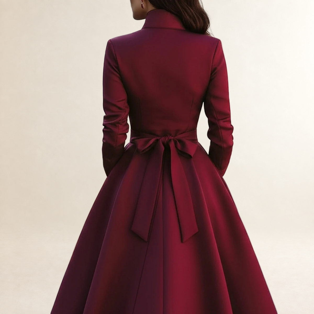 Long Sleeve Midi Dress for Women Button-Down Band Collar with Belted Waist