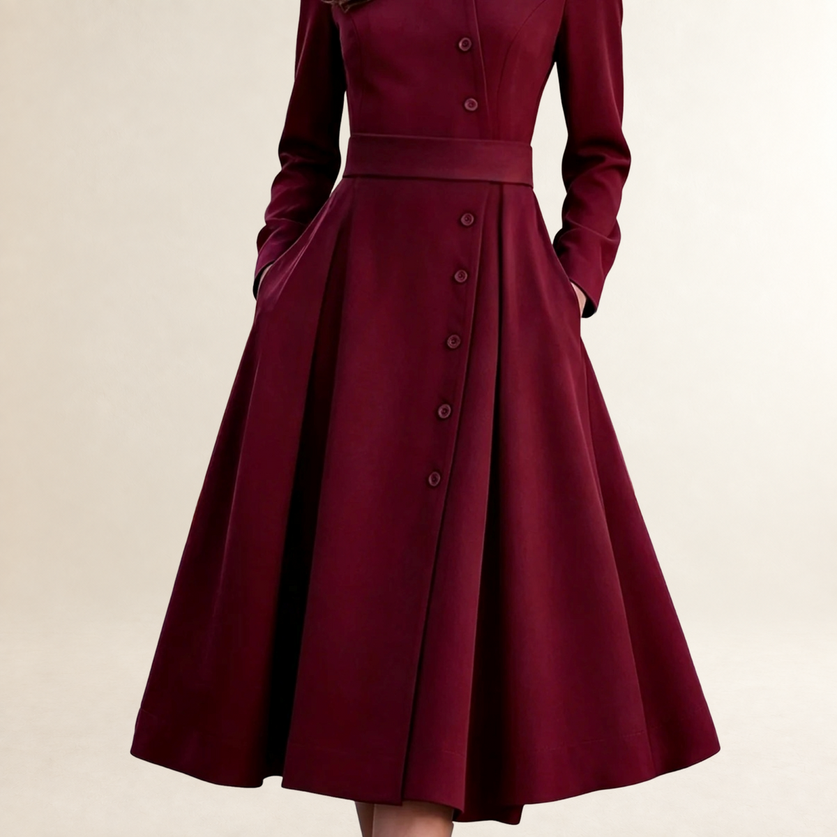 Long Sleeve Midi Dress for Women Button-Down Band Collar with Belted Waist