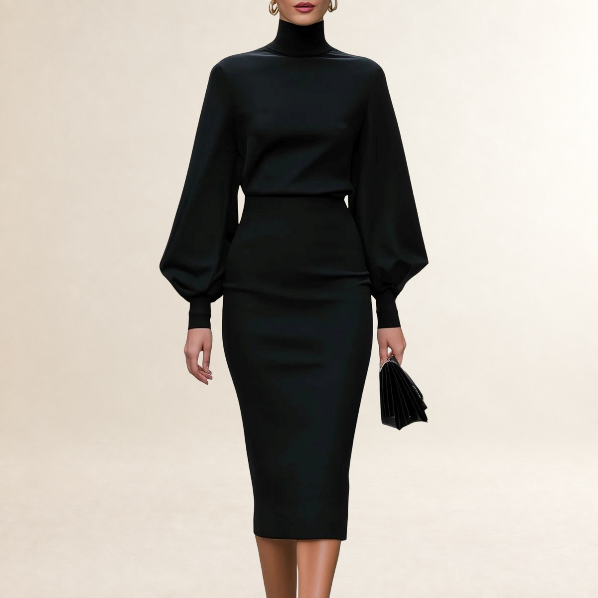 Long Sleeve Midi Dress for Women Mock Neck with Bishop Sleeves and Fitted Pencil Skirt