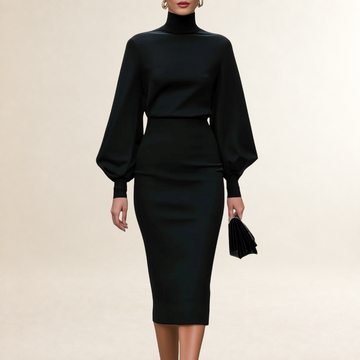 Long Sleeve Midi Dress for Women Mock Neck with Bishop Sleeves and Fitted Pencil Skirt