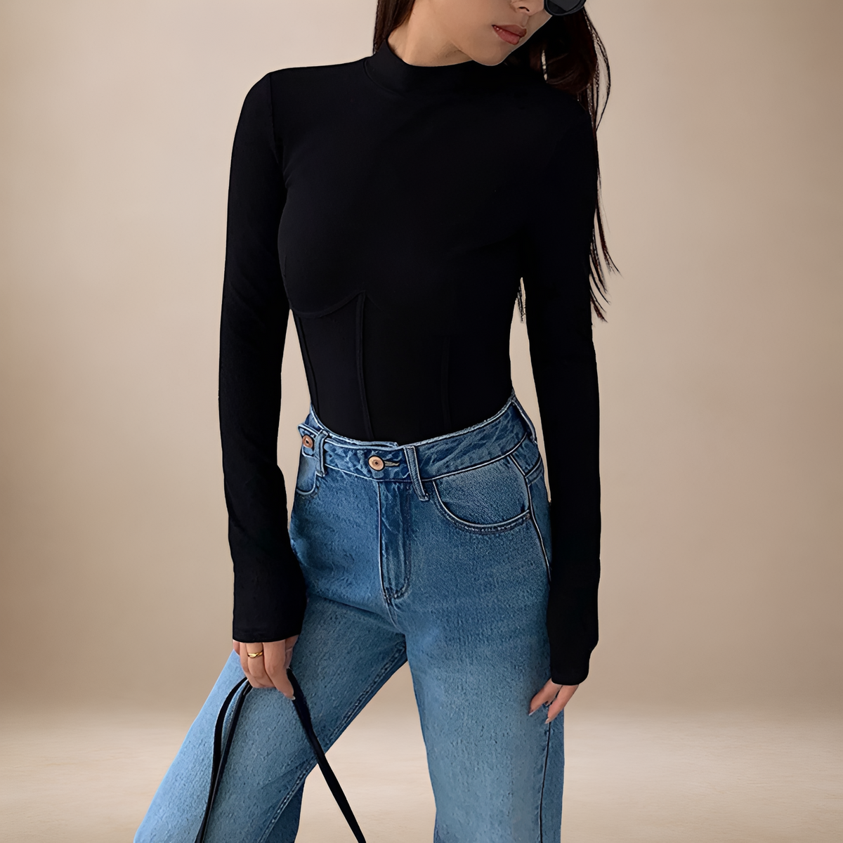 Long Sleeve T-Shirt for Women - Mock Neck, Corset Design, Slim Fit