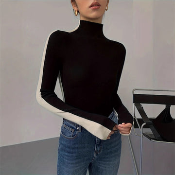 Long Sleeve Top for Women - Mock Neck, Color Block Design, Regular Fit