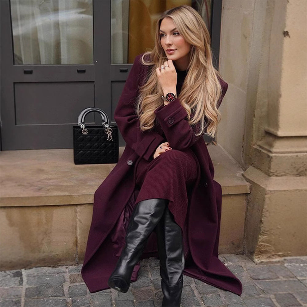 Long Women's Coat - Double-Breasted, Belted, Classic Lapel, Long Sleeves