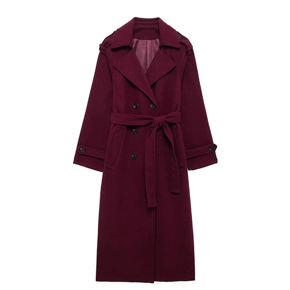 Long Women's Coat - Double-Breasted, Belted, Classic Lapel, Long Sleeves