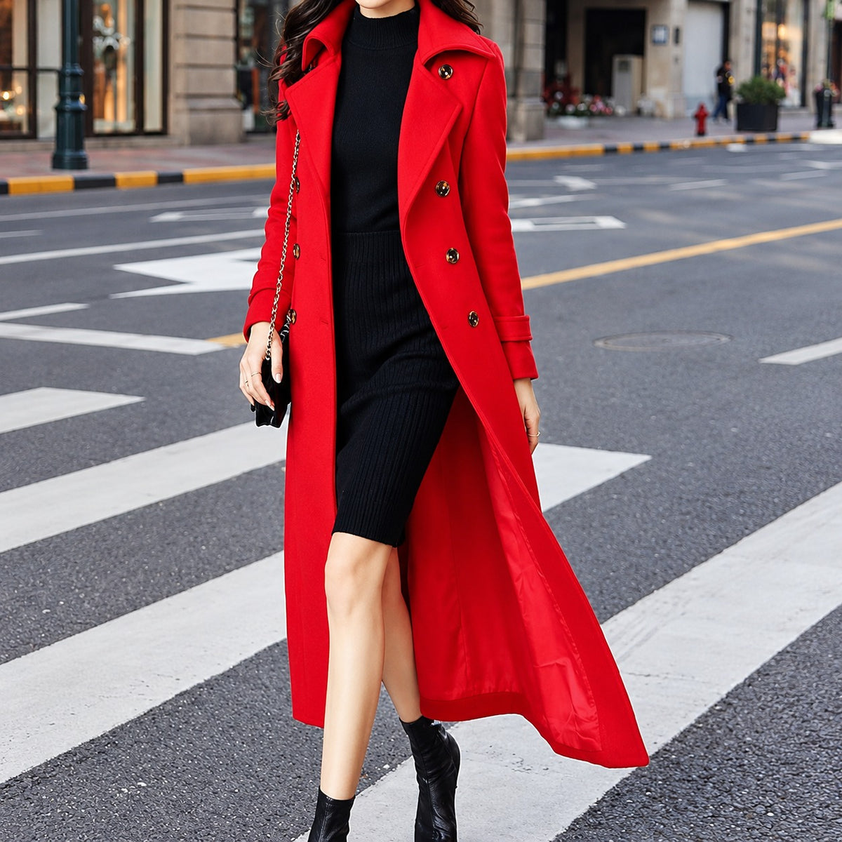 Long Women's Coat with Belt - Classic Lapel, Button Closure, Side Pockets