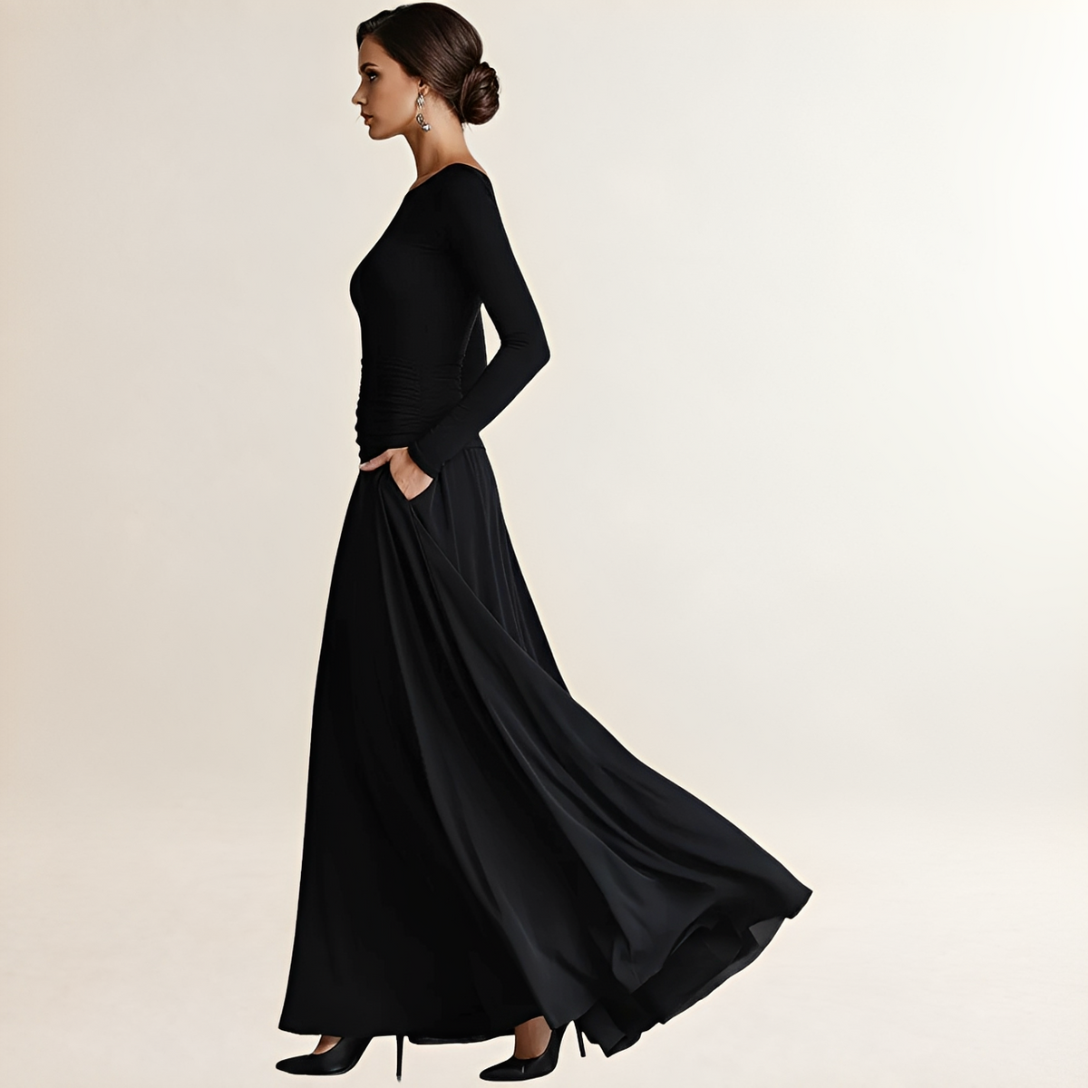 Maxi Dress for Women Boat Neck Long Sleeve Ruched Waist Fitted Bodice Side Pockets Full Flowing Skirt