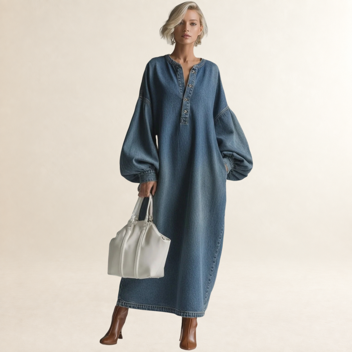 Maxi Dress for Women Button-Down with Balloon Sleeves Relaxed Fit