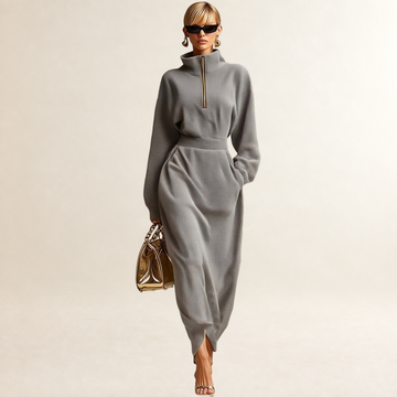 Maxi Dress for Women Mock Neck Front Zipper Long Sleeve Relaxed Fit