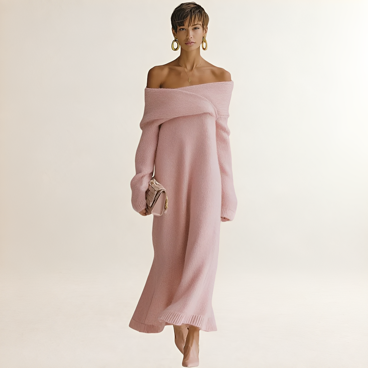 Maxi Dress for Women Off-the-Shoulder Loose Fit Long Sleeve