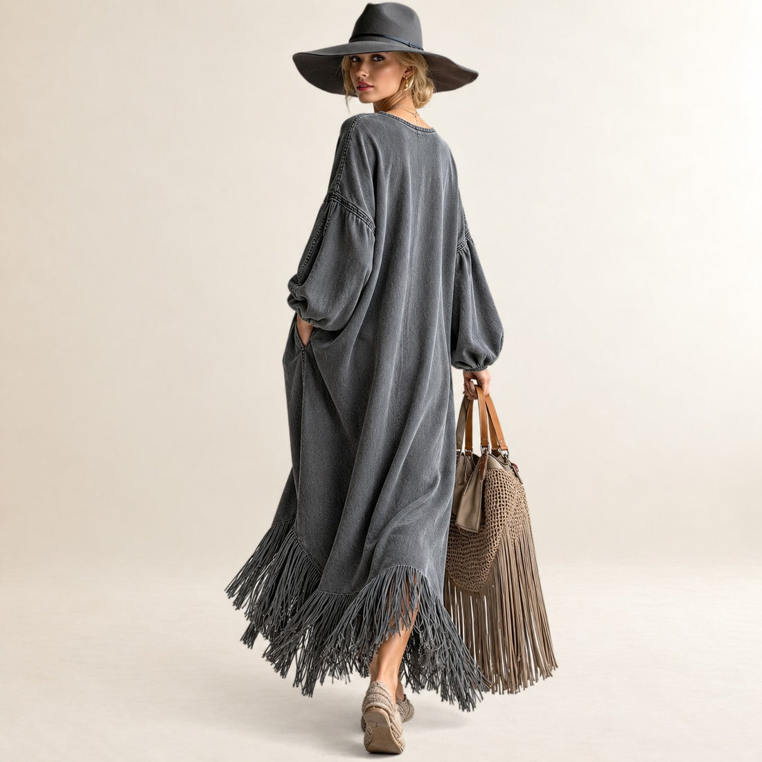 Maxi Dress for Women V-Neck Long Sleeve Fringed Design Relaxed Fit