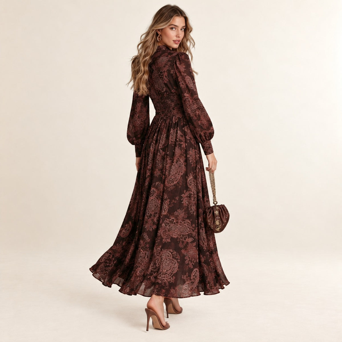 Maxi Dress for Women Zip-Front Collared V-neck, Long Sleeve, Ruched Waist, Paisley Print