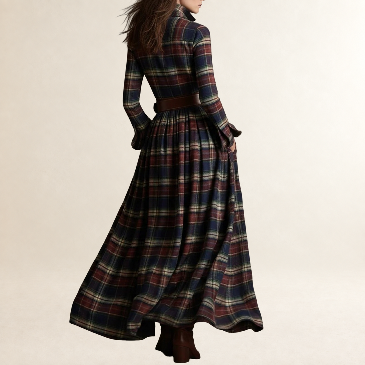 Maxi Dress Women Lapel Plaid Design with Belt - Relaxed Fit