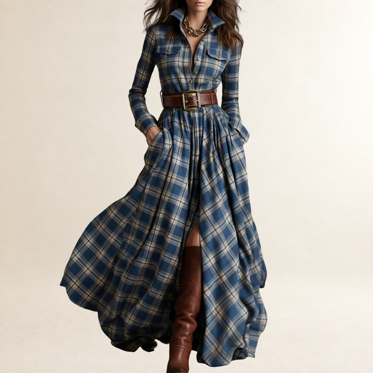 Maxi Dress Women Lapel Plaid Design with Belt - Relaxed Fit