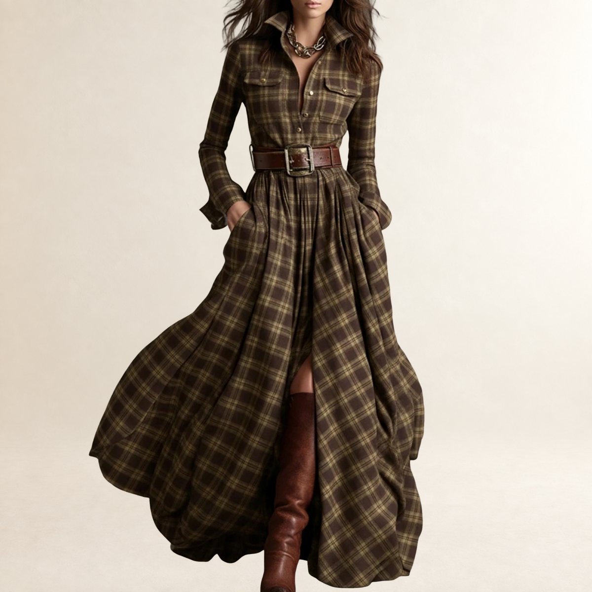 Maxi Dress Women Lapel Plaid Design with Belt - Relaxed Fit