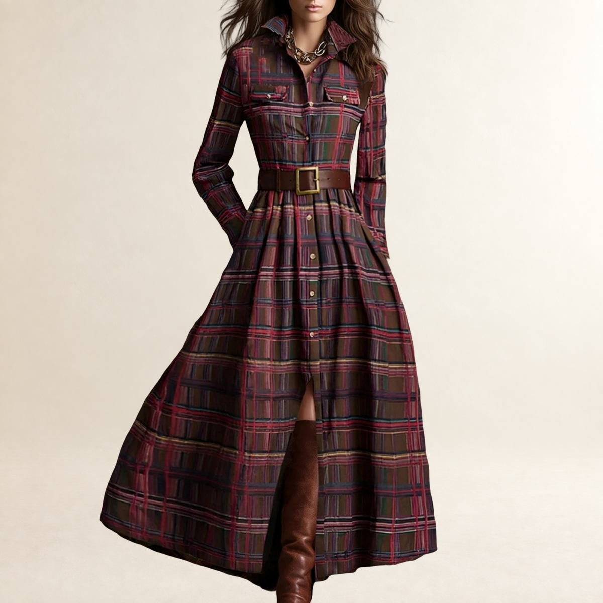 Maxi Dress Women Lapel Plaid Design with Belt - Relaxed Fit