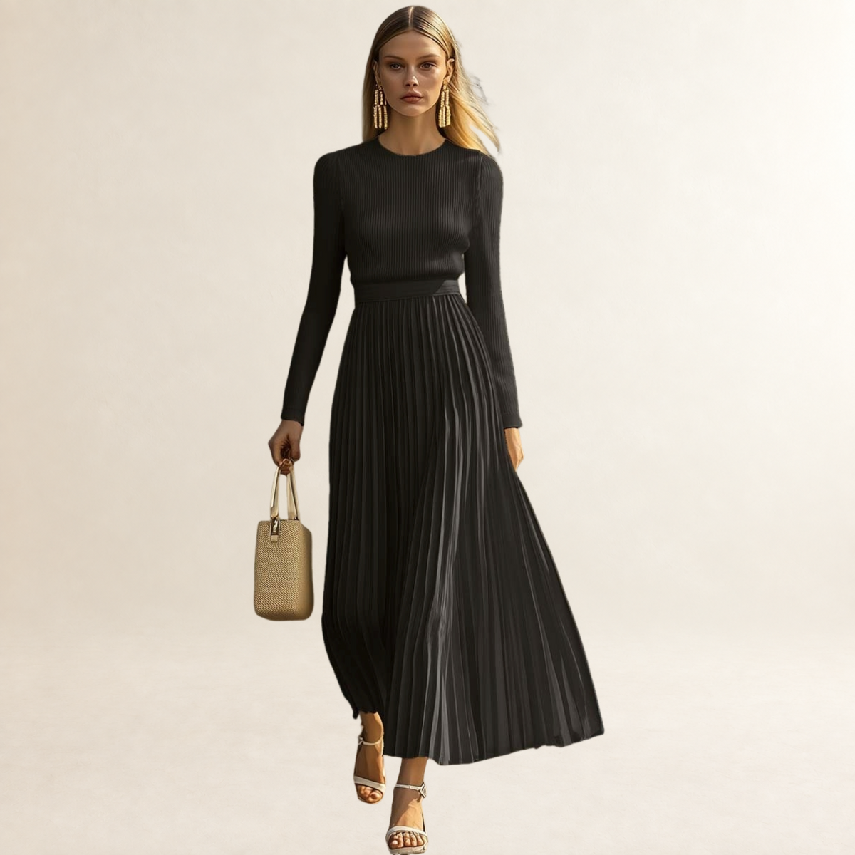 Maxi Dress Women Long Sleeve Pleated Design - Fitted Silhouette
