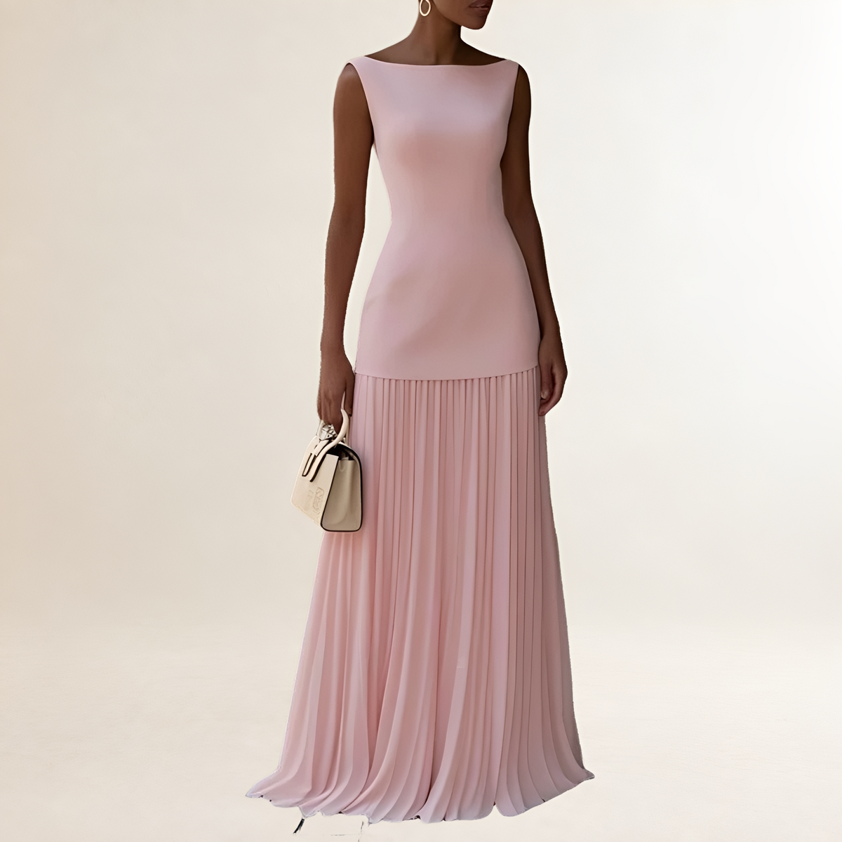 Maxi dress, women's boat-neck sleeveless with fitted bodice and pleated floor-length skirt
