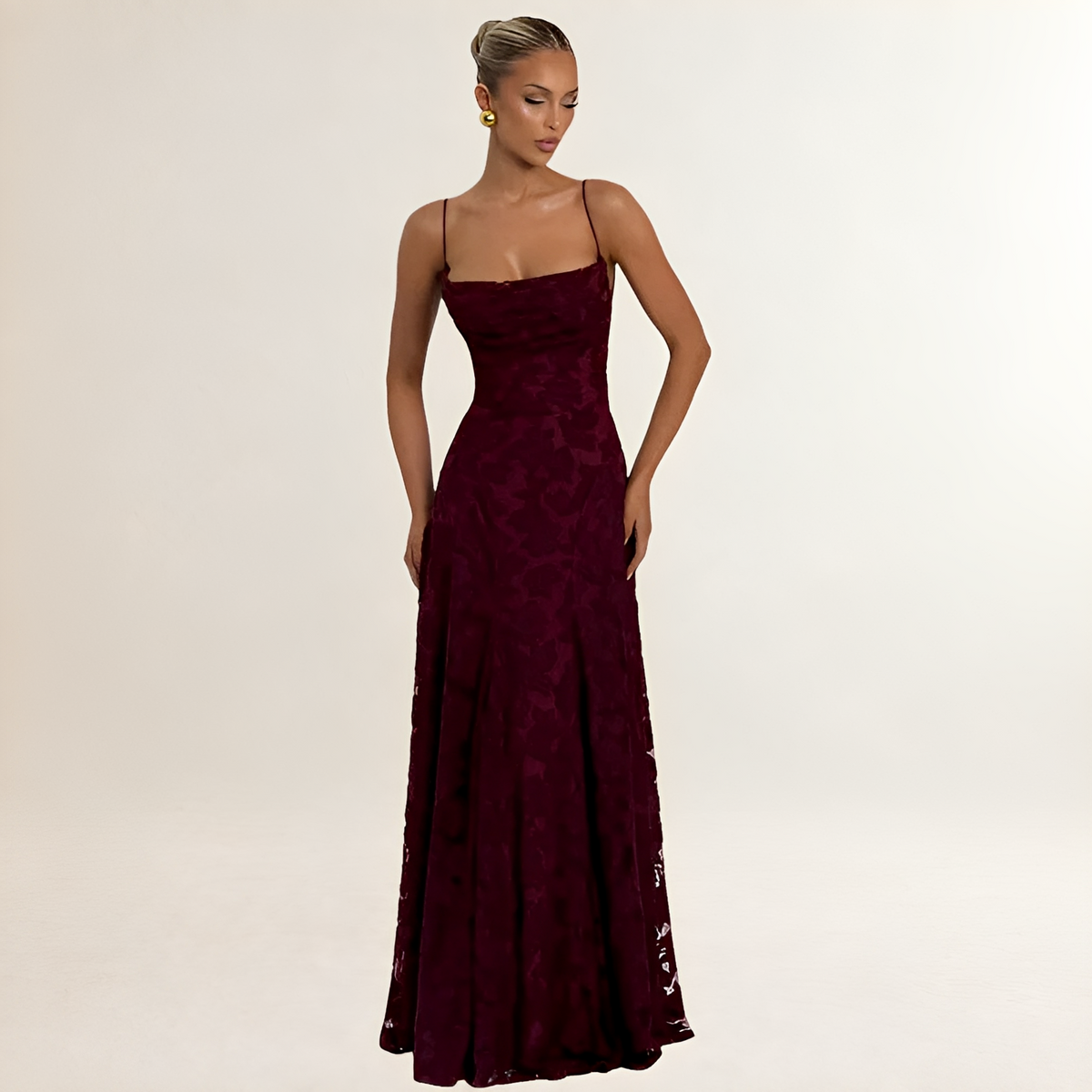 Maxi dress, women's corset top with spaghetti straps and lace-up open back, floral textured A-line skirt