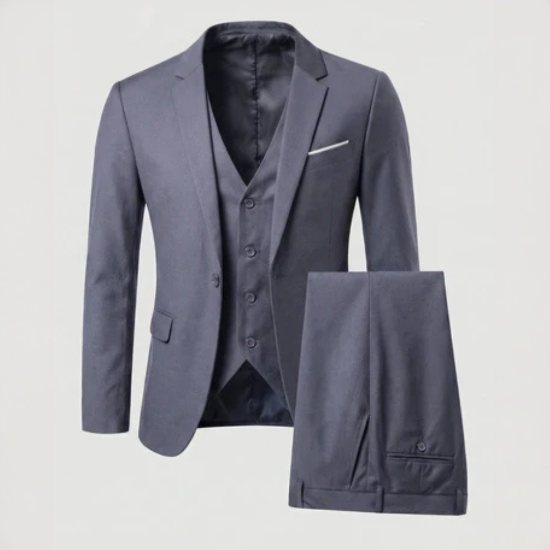 Men's 3-Piece Suit - Single-Breasted Two-Button Notch Lapel Jacket, Slim Fit with Matching Vest & Flat-Front Trousers