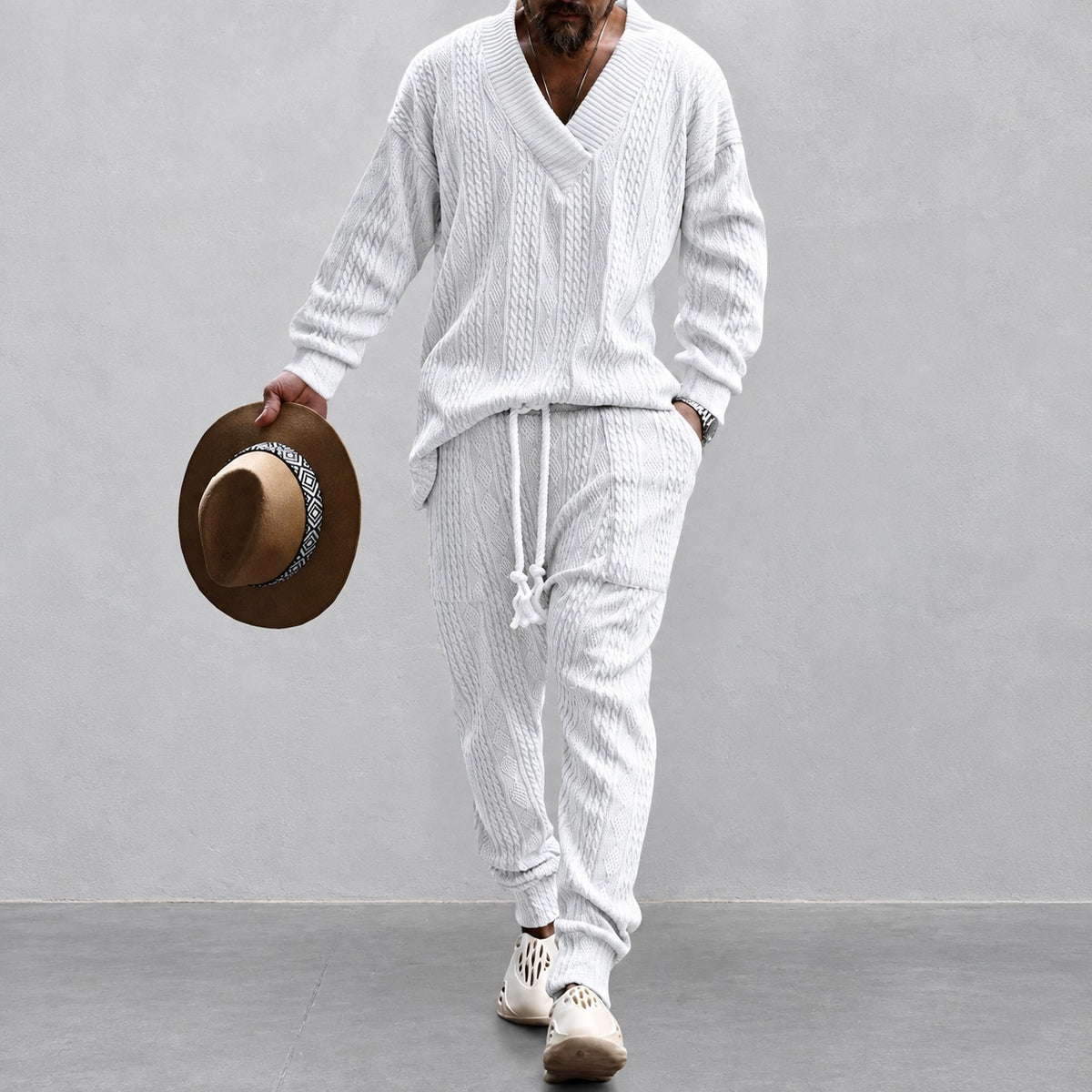 Men's Athleisure Set - V-Neck Long Sleeve Top with Drawstring Pants, Relaxed Fit