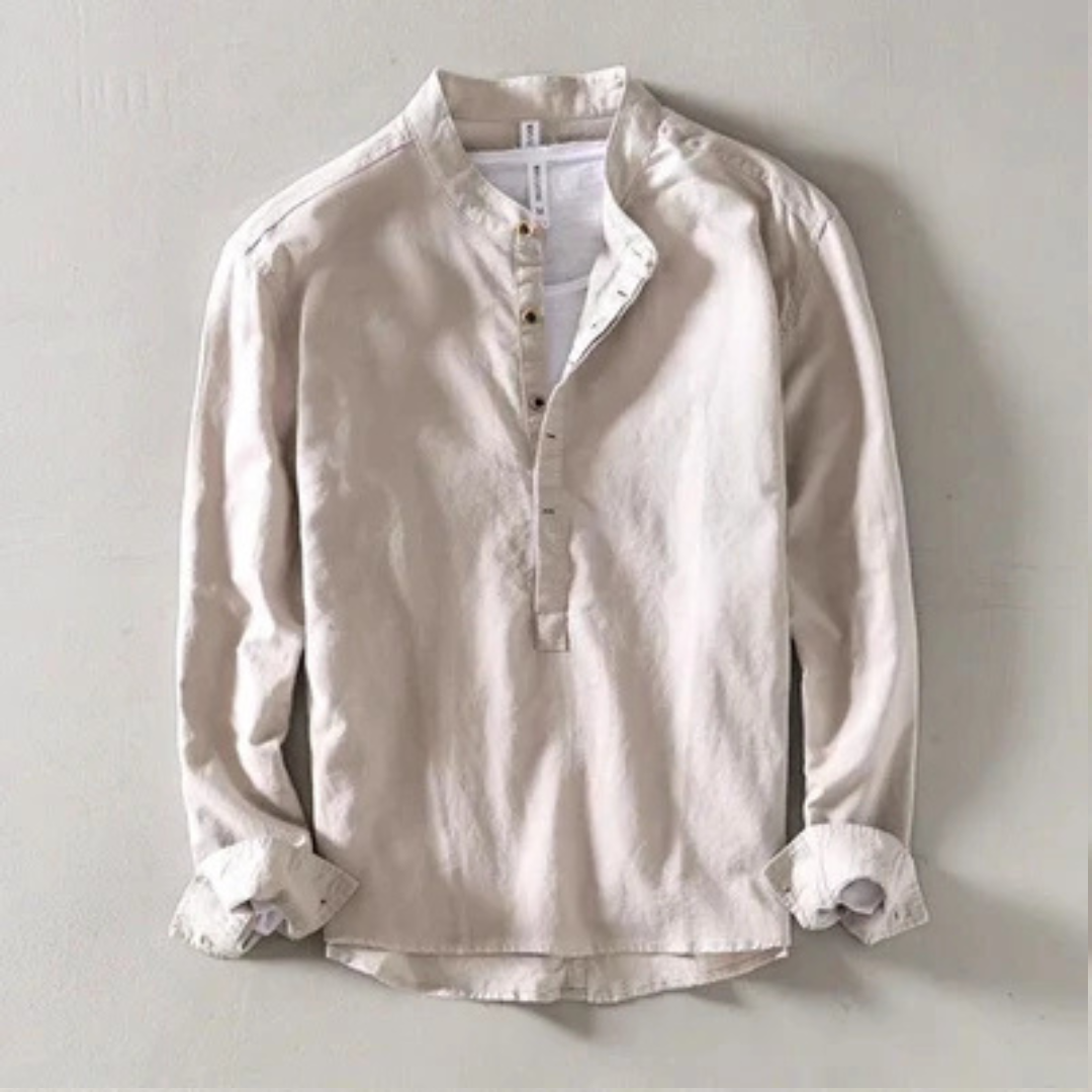 Men's Band-Collar Long-Sleeve Shirt, Four-Button Placket, Relaxed Fit