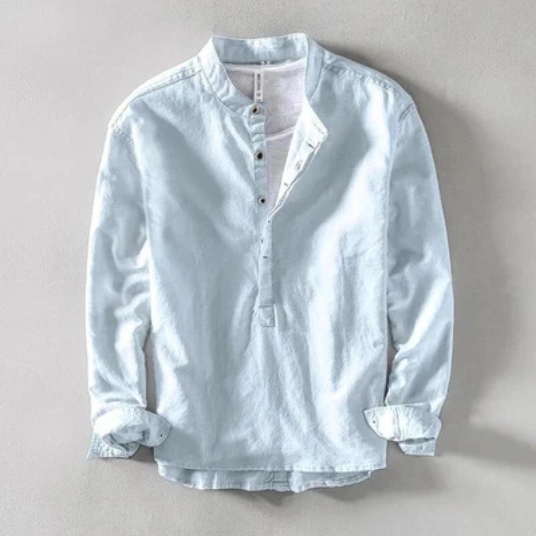 Men's Band-Collar Long-Sleeve Shirt, Four-Button Placket, Relaxed Fit