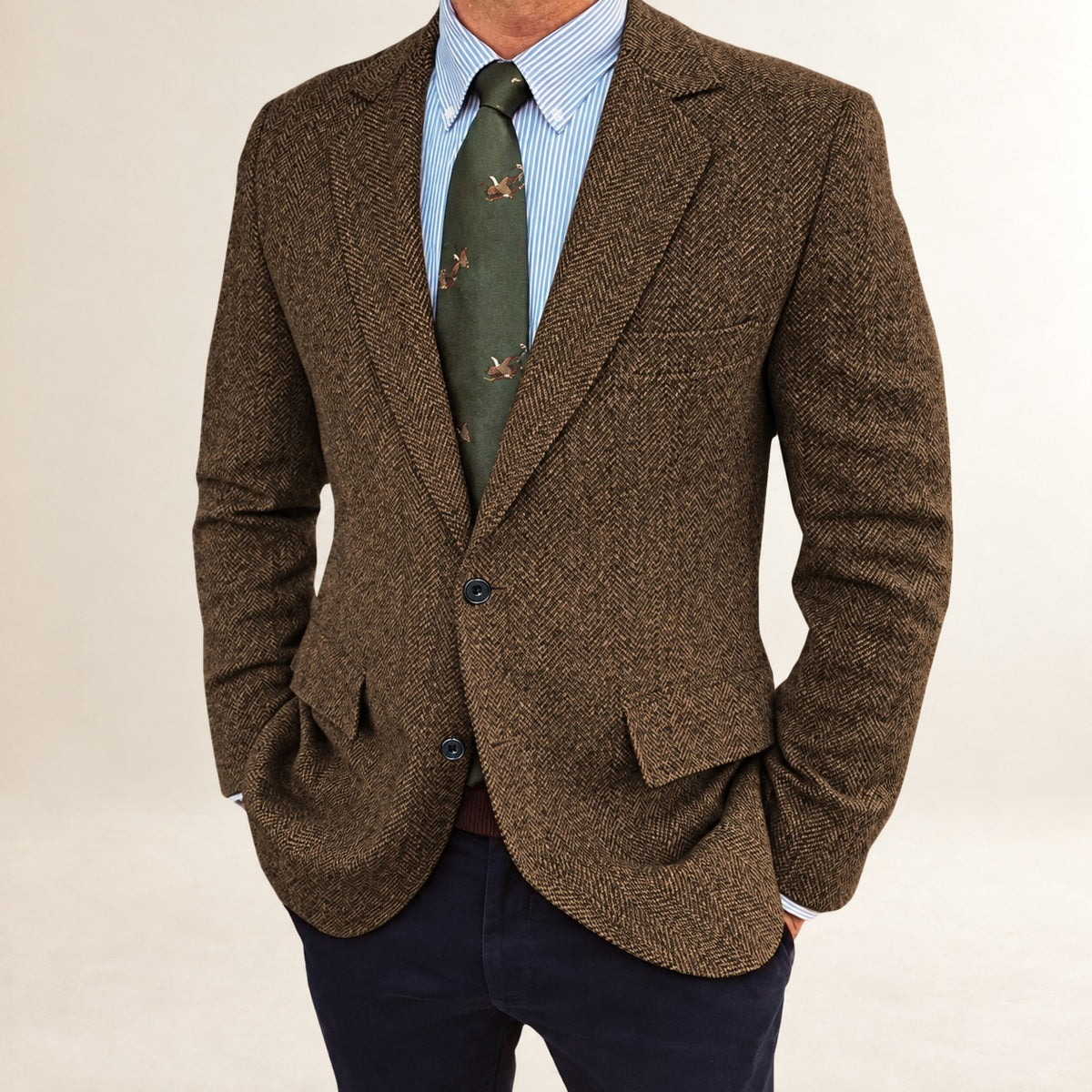 Men's Blazer Herringbone Pattern Regular Fit - Classic Two-Button Design