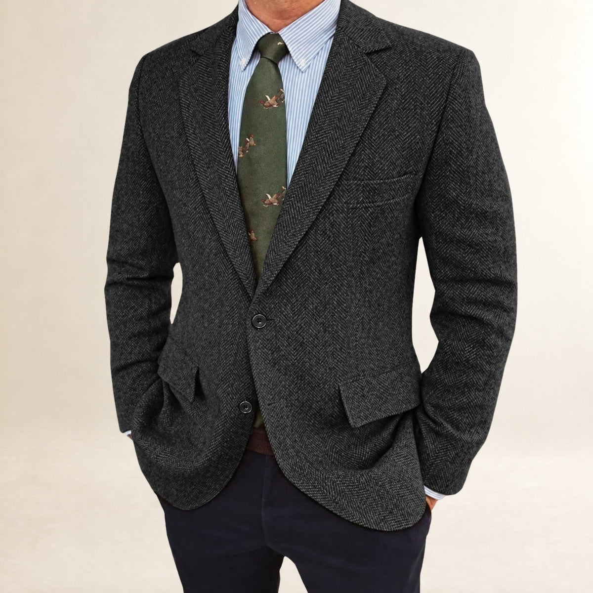 Men's Blazer Herringbone Pattern Regular Fit - Classic Two-Button Design