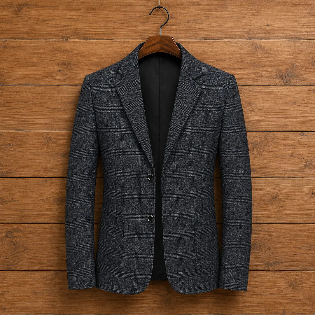 Men's Blazer Textured Check Pattern - Single-Breasted, Two Button Closure, Regular Fit
